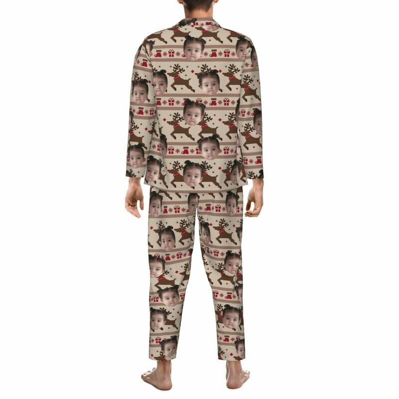 Personalisierte Pyjamas mit individuellem Kinderfoto Rentier Weihnachtsstimmung Muster Design Geschenk für die Familie