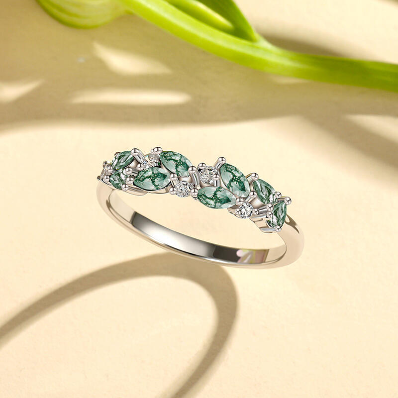 Jeulia Olivetta Moss Agate Ring for Women Sterling Silver