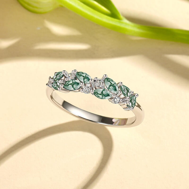 Jeulia Olivetta Moss Agate Ring for Women Sterling Silver