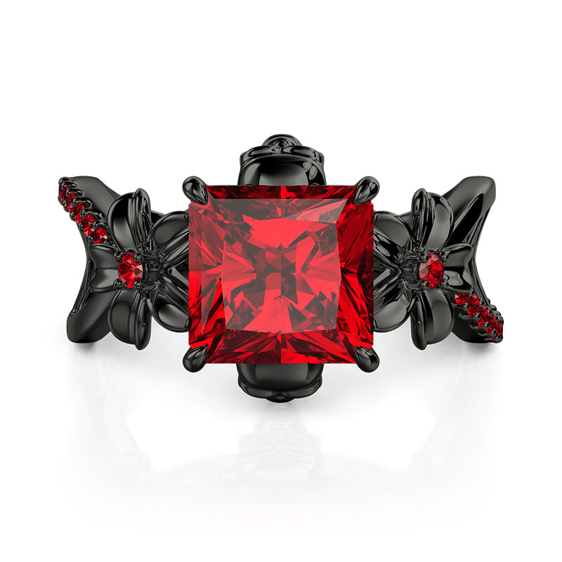 Jeulia Ruby Rings Jeulia Floral Radiant Ruby Gothic Black Skull Ring Hollow Shank ...