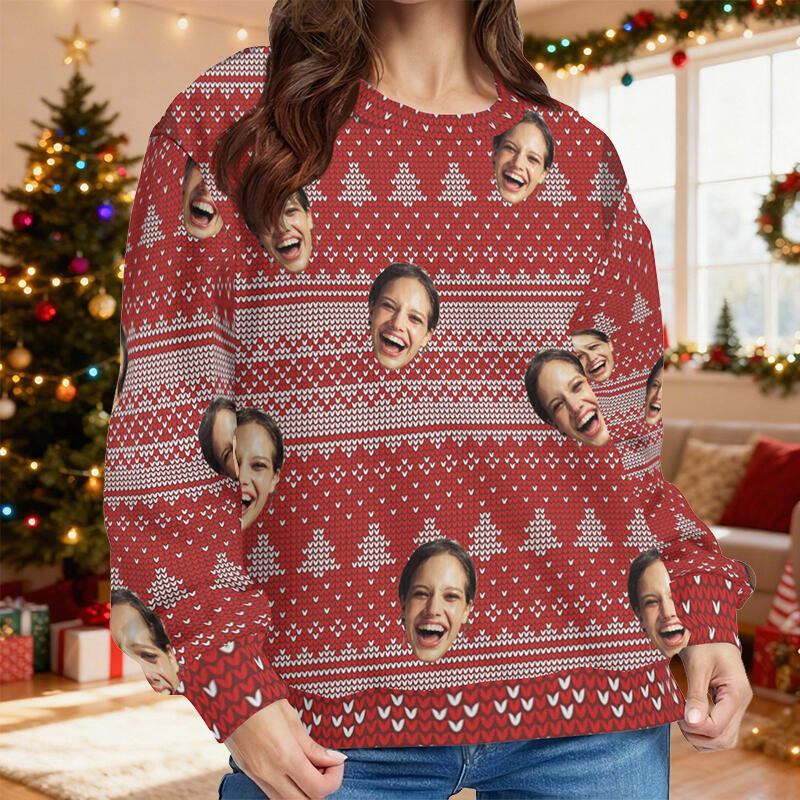 Personalized Ugly Sweater Unisex Custom Face Photo Red Festival Style Design Christmas Gift for Couples
