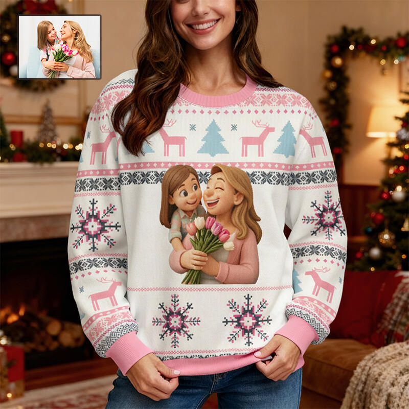 Personalized Ugly Sweater Unisex Custom Photo Cartoon Style Design Exquisite Christmas Gift for Her Mom