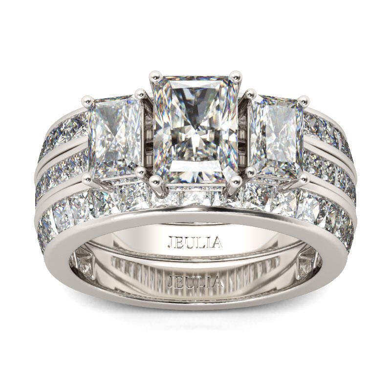 Jeulia 3PC Three Stone Radiant Cut Sterling Silver Ring Set