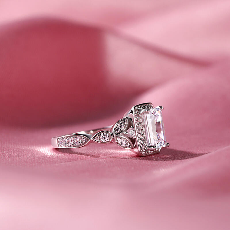 Jeulia Leaf Design Emerald Cut Sterling Silver Ring