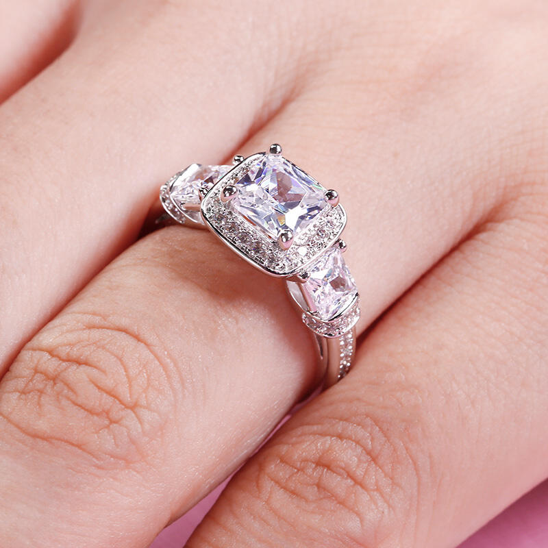 Jeulia Three Stone Halo Princess Cut Sterling Silver Ring