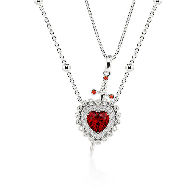 Jeulia Sword Couples Ruby Heart Necklace