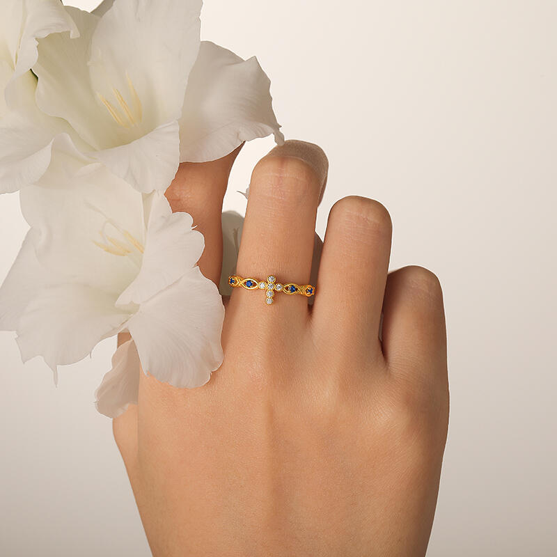 Jeulia Golden Fish & Cross Design Sterling Silver Ring