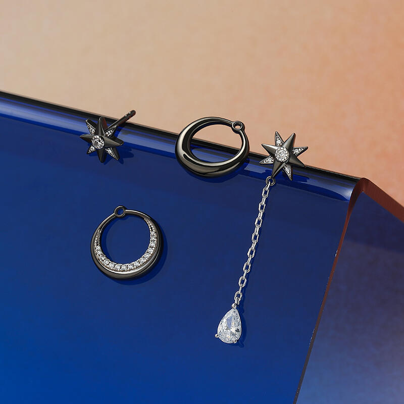 Jeulia Pendientes Asimétricos de Plata de Ley Estrella de Ocho Puntas para Mujer