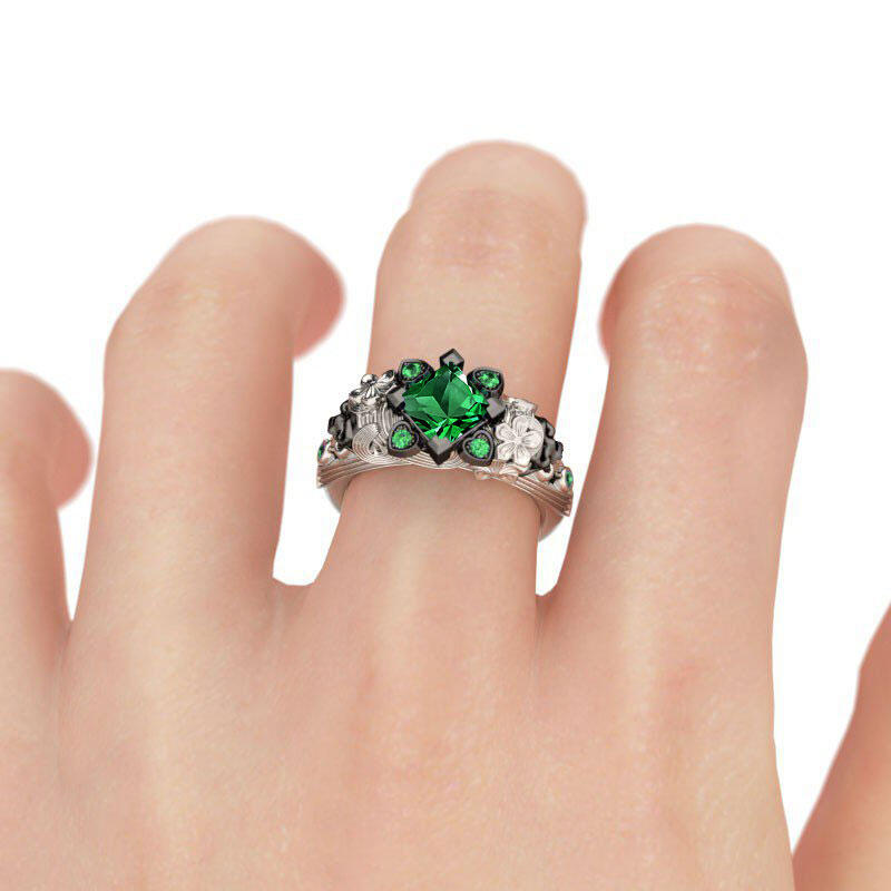 Jeulia Flower Design Princess Cut Sterling Silver Two Skull Ring