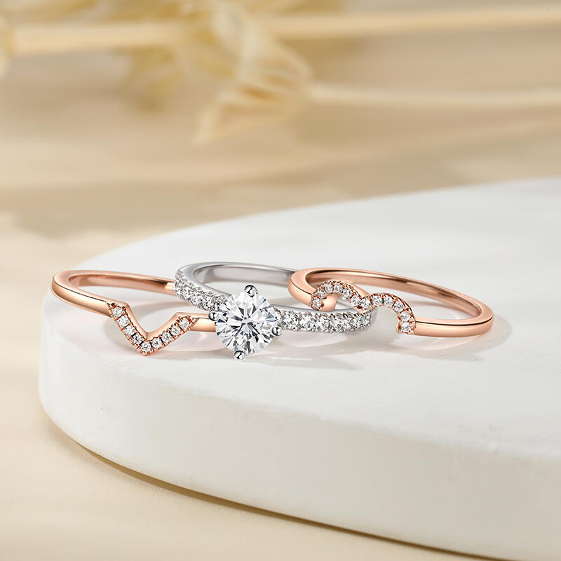 Jeulia Simple Two Tone Three Ring Set Round Cut Sterling Silver