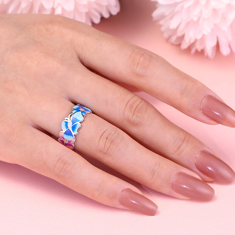 Jeulia Anillos de mujer de plata de ley con esmalte en forma de flores en rosa y azul