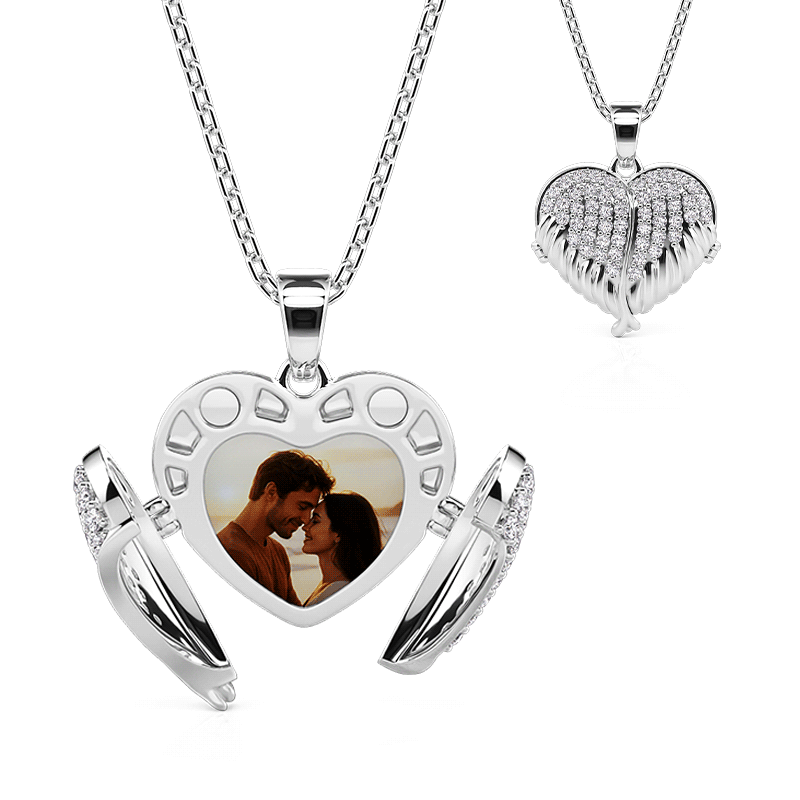 Jeulia Winged Personalized Heart Photo Locket Necklace