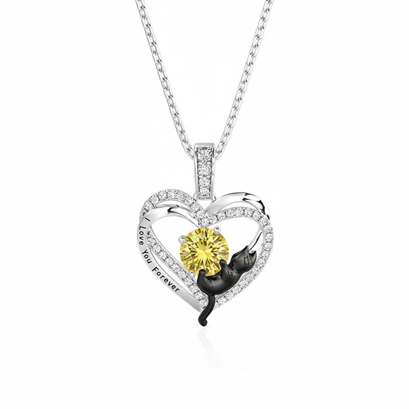 Jeulia Custom Black Cat Double Heart Necklace With Birthstone