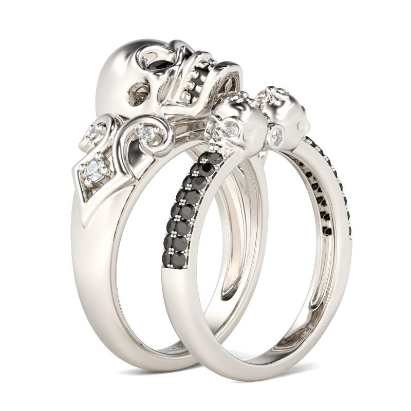 Jeulia Round Cut Sterling Silver Skull Ring Set