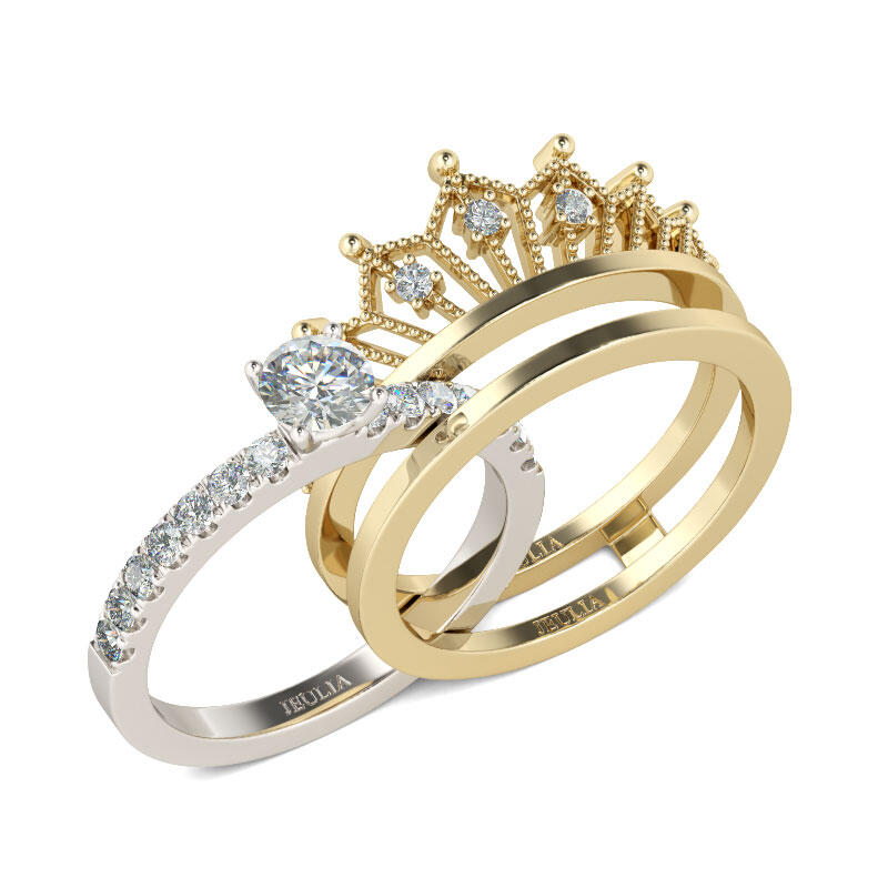 Jeulia Two Tone Crown Round Cut Sterling zilveren ringset