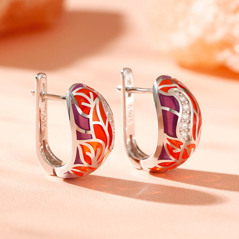 Jeulia "Flourishing Leaves" Multicolored Enamel Sterling Silver Hoop Earrings