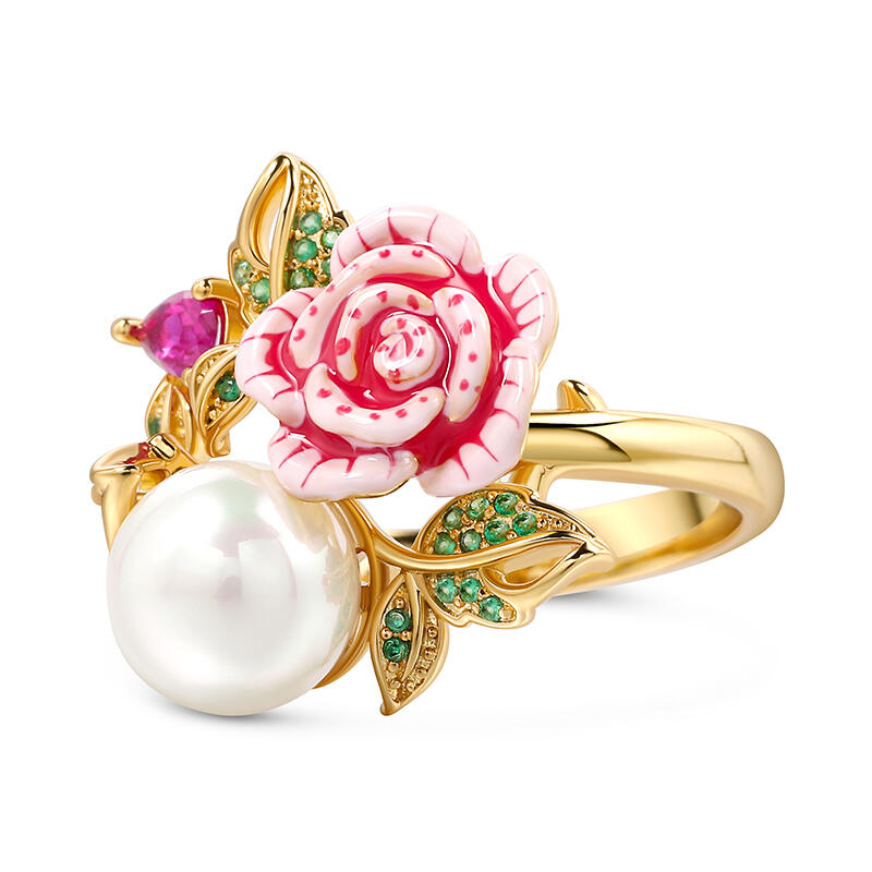 Jeulia "Cherished Love" Cultured Pearl Rose Flower Enamel Sterling Silver Ring