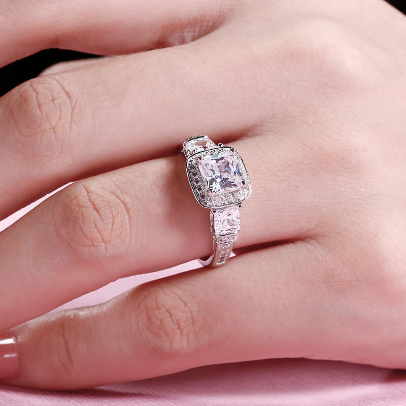 Jeulia Three Stone Halo Princess Cut Sterling Silver Ring