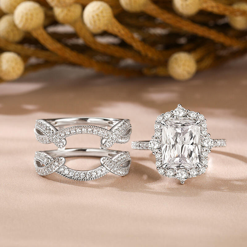 Jeulia Interchangeable Halo Engagement Ring Set Twisted Radiant Cut Sterling Silver