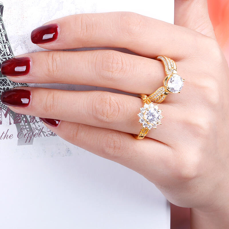 Jeulia Gold Tone Halo Round Cut Sterling Silver Ring