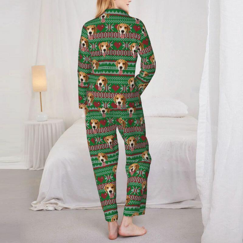 Pyjama personnalisé avec photo d'animal de compagnie personnalisée, design de style pixel d'amour de Noël, cadeau parfait pour la famille