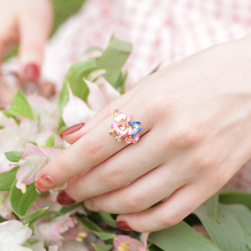 Jeulia バタフライ フラワー 蝶 花 エナメル シルバー リング