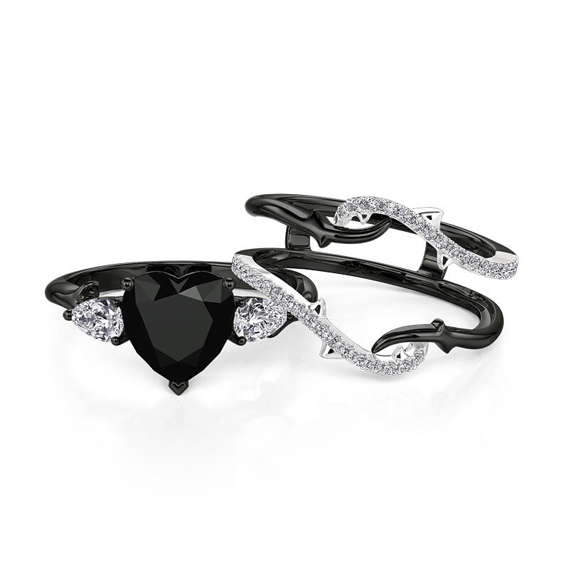 Jeulia Black Heart Thorns Three Stone Ring Set