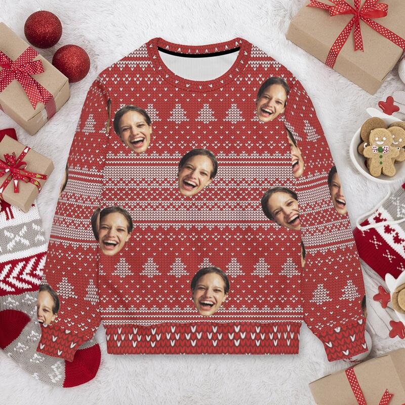 Personalized Ugly Sweater Unisex Custom Face Photo Red Festival Style Design Christmas Gift for Couples