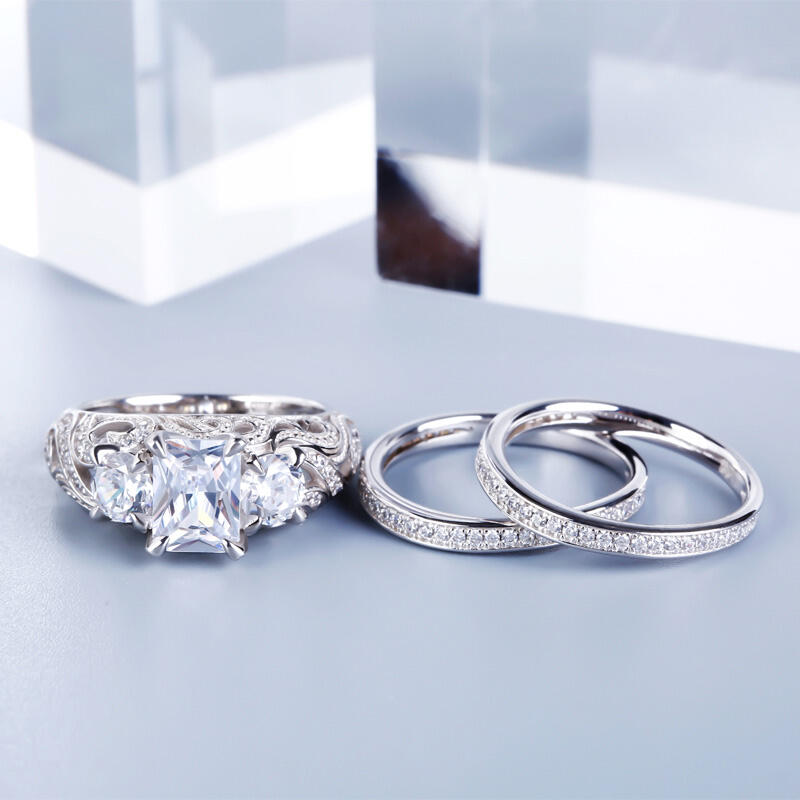Jeulia Three Stone Scrollwork Radiant Cut Sterling Silver Ring Set