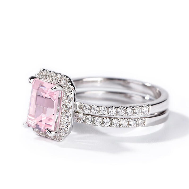 Jeulia Halo Emerald Cut Synthetic Morganite Sterling Silver Ring Set