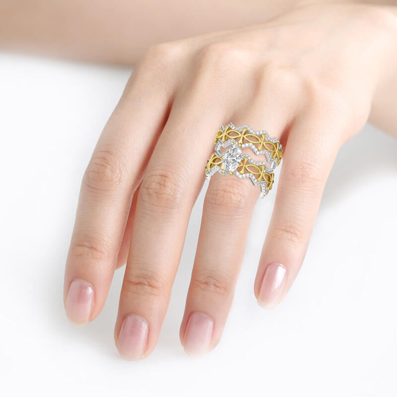 Jeulia "Sé tu reina" Juego de anillos de plata de ley de corte marquesa en dos tonos