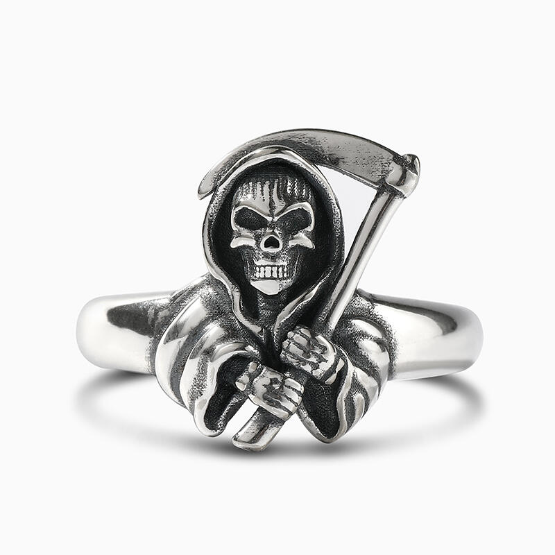 Jeulia Anillo parca guadaña para hombre de plata calavera punk