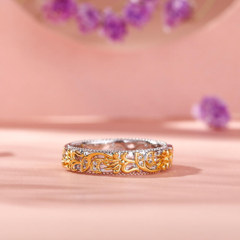 Jeulia Anillo de mujer de plata color oro amarillo tallado con hoja y flor