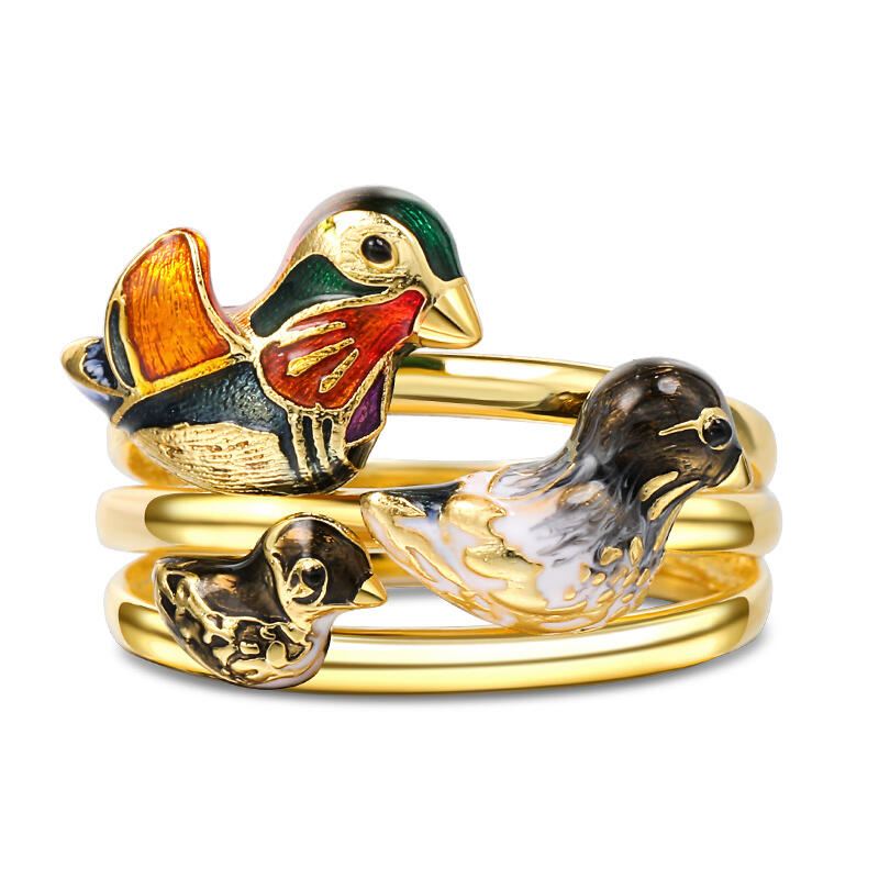 Jeulia "Utflykt tillsammans" Mandarin Duck Familj Emalj Sterling Silver Ring