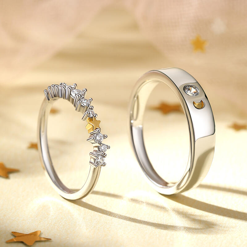 Jeulia Anillo pareja de luna y estrella de compromiso de plata de ley