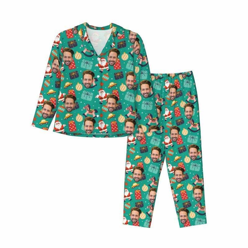Personalized Pajamas Custom Photo Santa Claus Hobbyhorse Cute Pattern Design Gift for Family