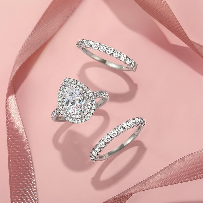 Jeulia Double Halo Pear Cut Engagement Ring Set 3PCS with Eternity Band