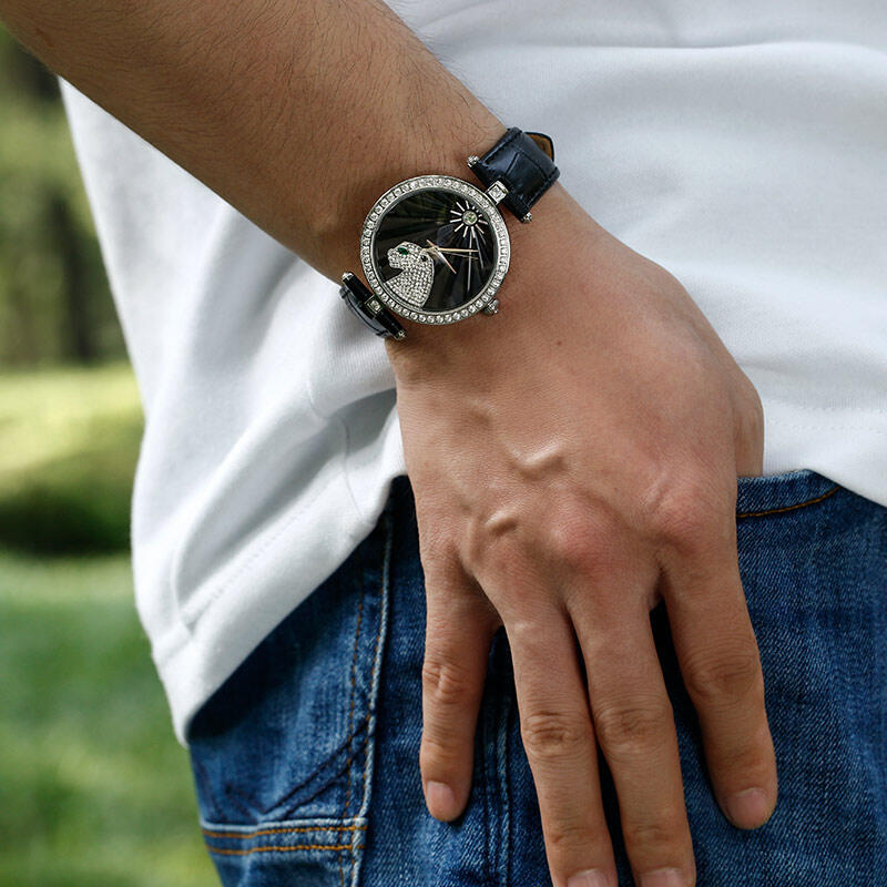 Jeulia "Jungle Fever" Leopard Quartz Black Leather Watch with Black Dial