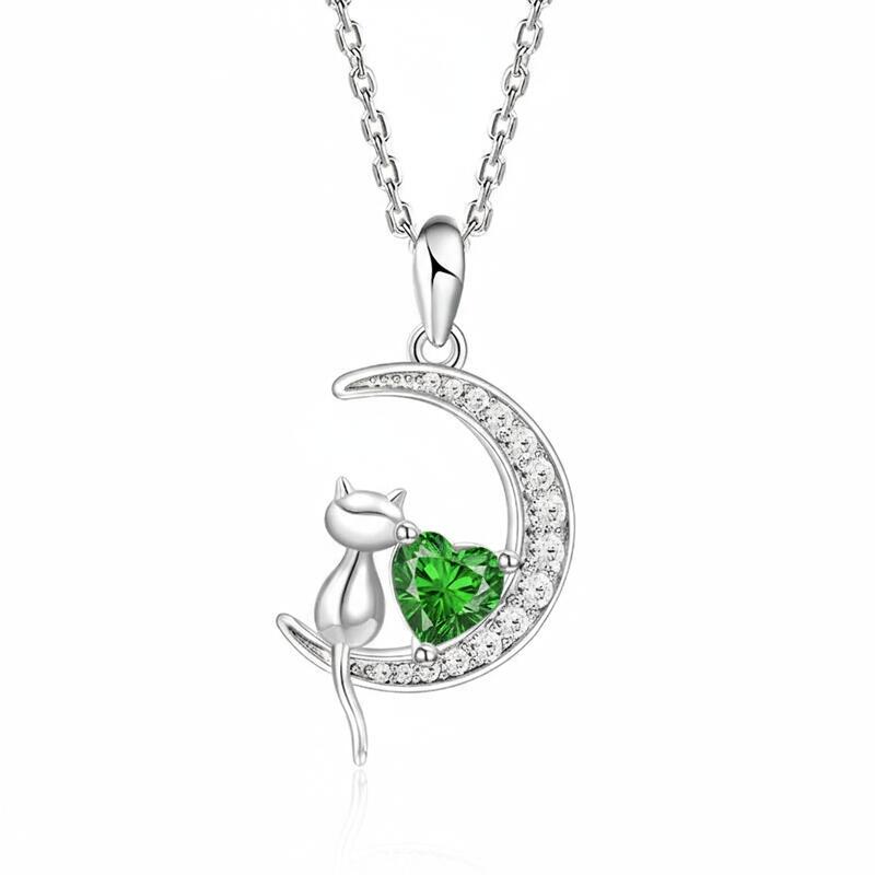 Jeulia 誕生石付きキャット＆ハート・ムーン・ネックレス