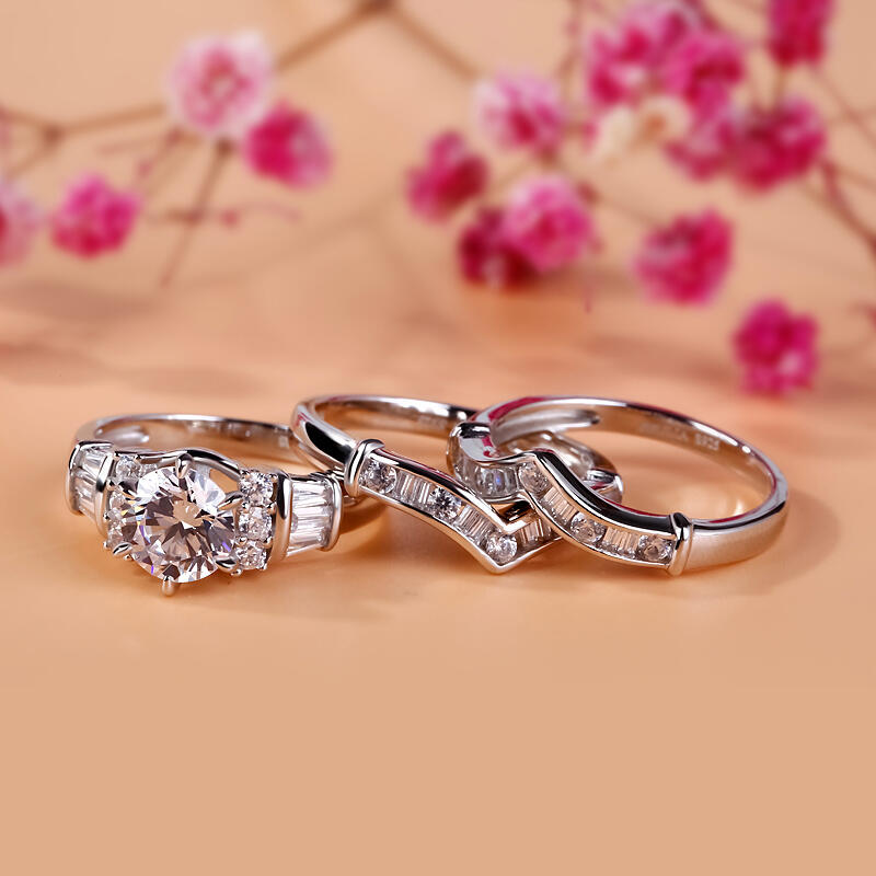 Jeulia 3PC Art Deco Round Cut Sterling Silver Ring Set