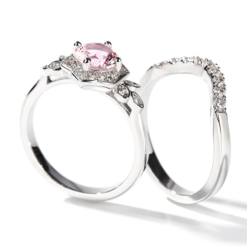 Jeulia Flower Design Round Cut Synthetic Morganite Sterling Silver Ring