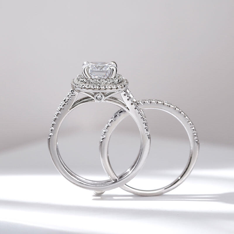 Jeulia dubbele Halo kussen gesneden sterling zilveren ringset