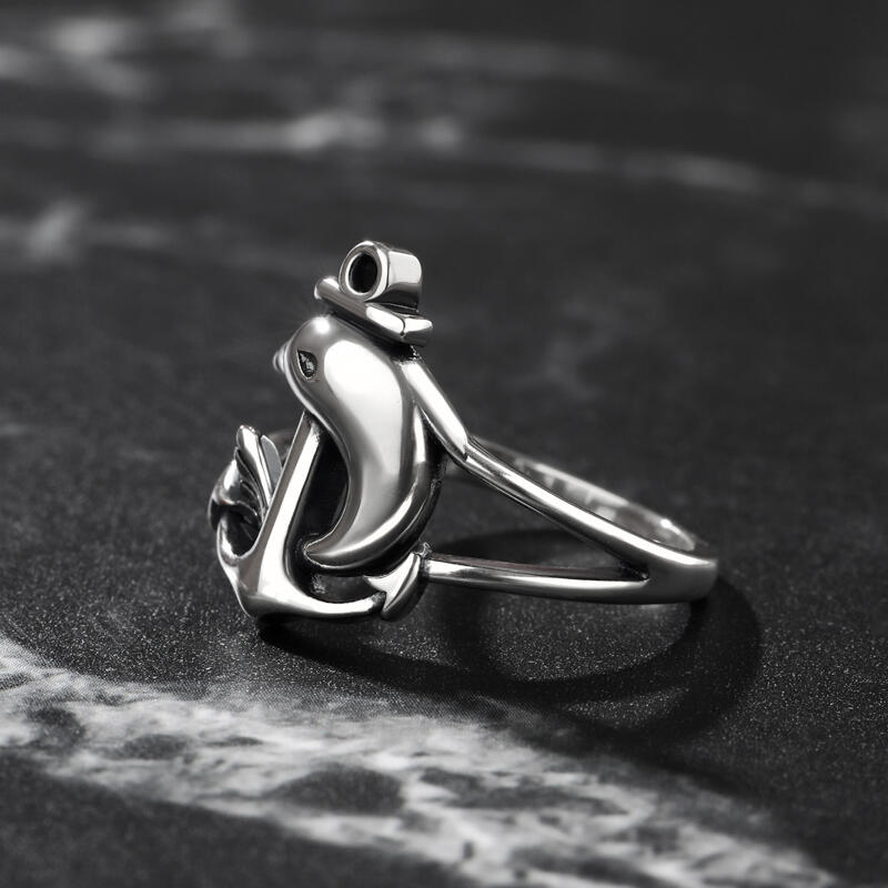 Jeulia Anillo de plata de ley con delfín y ancla