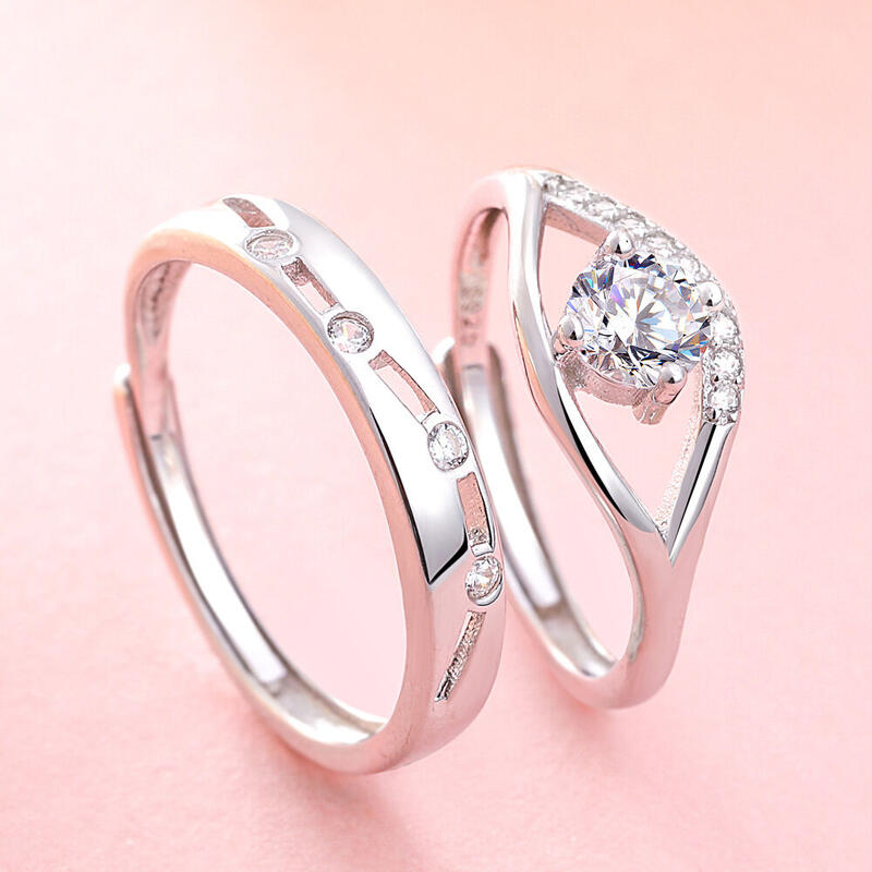 Jeulia Classic Round Cut Sterling Silver Adjustable Couple Rings