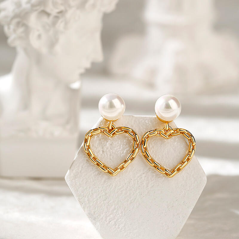 Jeulia "Sweet Chain Heart" Cultured Pearl Sterling Silver Drop Earrings