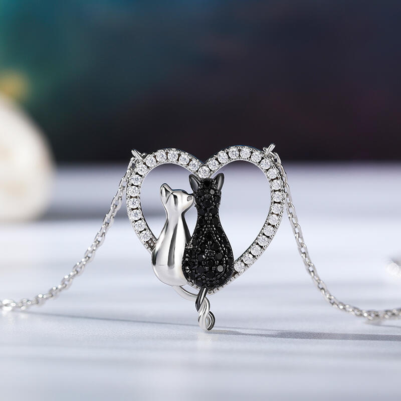 Jeulia Collar de Amor con Pareja Gatos Plata de Ley