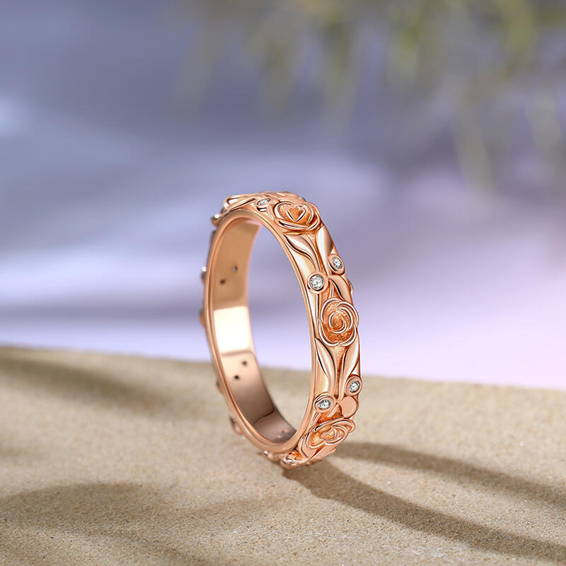 Jeulia Rose and Leaf Carved Unique Sterling Silver Women's Band