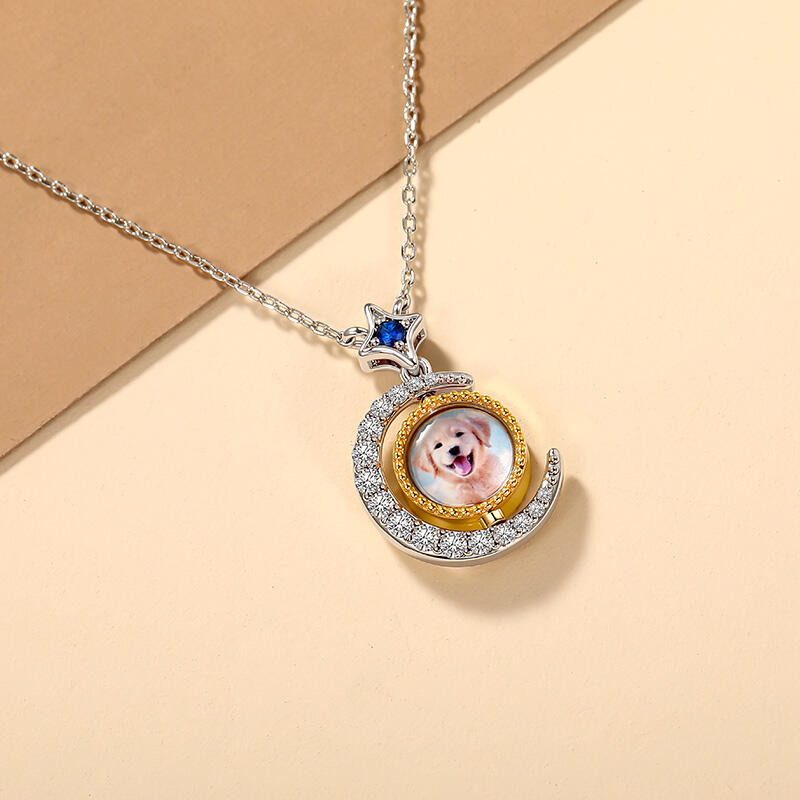 Jeulia Star and Moon Custom Photo Necklace Rotatable Double Sided