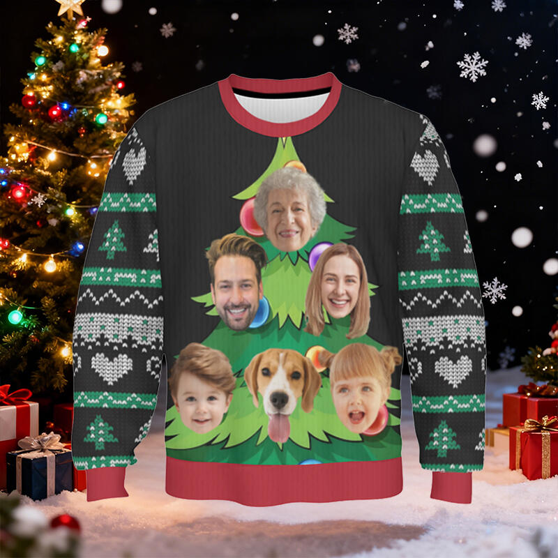 Personalized Ugly Sweater Unisex Custom Face Photo Christmas Tree Creative Design Gift for Family