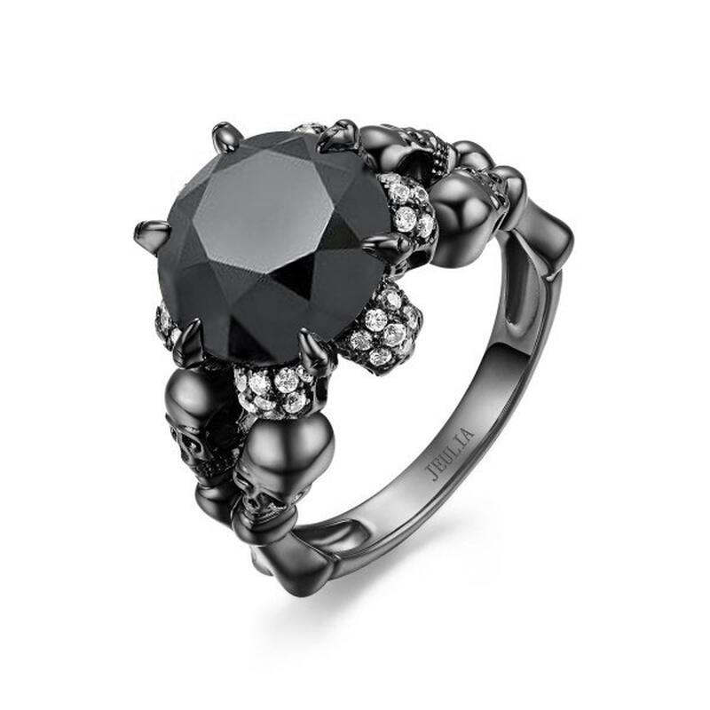 Jeulia Black Round Cut Sterling Silver Skull Ring